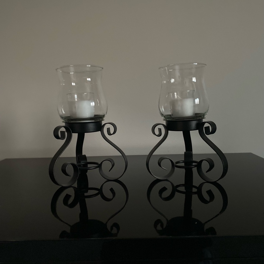 Black Wrought Iron Candle Holders with Scroll Accents
